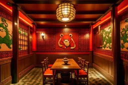 A dark orangish red Chinese fiery panda restaurant designed in medieval tapestry