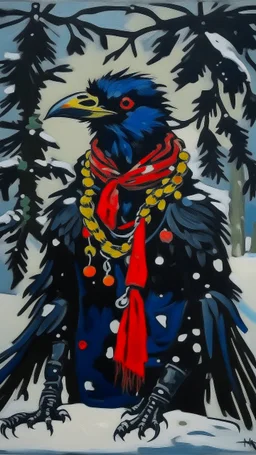 A painting by Miyazaki and Matisse of a human-like crow adorned in a punk leather jacket within a snowy Christmas atmosphere.