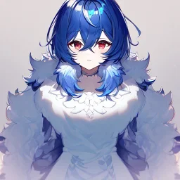 Clear focus, High resolution, rough line art, cute, cartoon, medium blue hair, hair between eyes, fluffy hair, red eyes, intricately detailed outfit