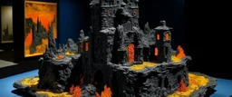 A black castle surrounded in lava designed in Ica stones painted by Vincent van Gogh