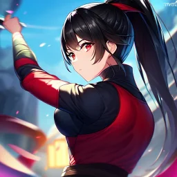 Clear focus, 8k, beautiful lighting, vibrant colors, girl, black hair, red eyes, ponytail, ninja outfit,