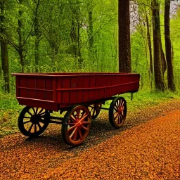 wagon on the path through a forest