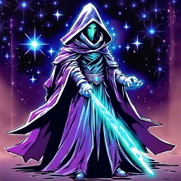 hooded sage with galaxy stars instead of face holding metal scepter in crystal castle 90's tcg art