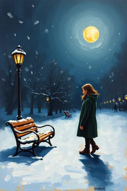Painting of a lonely young woman. snowy night. park bench. city park. full moon. night time oil painting. expressive brush strokes. solitude
