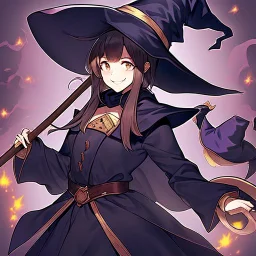 Akira Toriyama style, witch, witch hat, witch robe, expression smiling