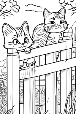 coloring page for kids, Cats on a fence, cartoon style, thick lines, low detail, no shading