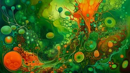 a surreal, abstract, organic form with intricate, cellular structures and fluid, translucent elements. The color palette is warm and earthy, dominated by ochres, ambers, and deep browns, contrasted with vibrant emerald greens and hints of fiery orange at the base. The overall texture suggests a microscopic view of biological tissues or a fantastical, alien landscape, with a sense of depth and glowing internal light. The composition features a complex interplay of round, bubble-like formations an