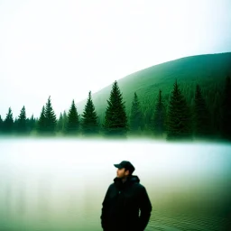 A polaroid photo of a group of fir trees in the background and a high hill in the distance. A person. A lake. The surface below is in a pastel color. Fog is present.