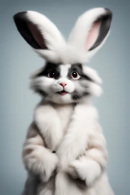 anthropomorphic, hyper-realistic cute and very funny Easter bunny animal wearing Cruella costume