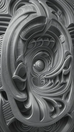 optical illusion 3D, monochrome, bas-relief 3D effect, photorealistic , in the style of H.R.Giger, geometric, spirals, symmetric, high contrast, side light , modern, stylish, futuristic, surreal, intricated details, high resolution, octane render , unreal engine 5