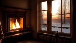 温瞹房间里燃着的壁炉，绣过窗户外面冰天雪地太阳刚从地平线升起。