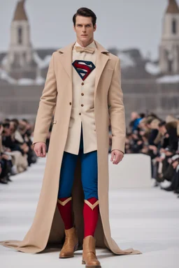 Superman on a winter fashion runway with moderna clothes inspired by Superman style, embroidery elegante fashion beige tones