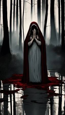 girl alone wearing lace veil with blood on it praying in the forest in the dark.cinematic.candles all around her