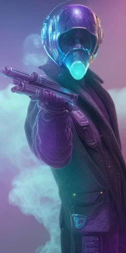 purple galaxy masked super villain, weapons in hands, teal and purple smoke, full portrait, hyper realistic, 4k