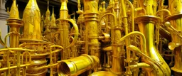 A golden yellow fortress made out brass instruments painted by Vincent van Gogh