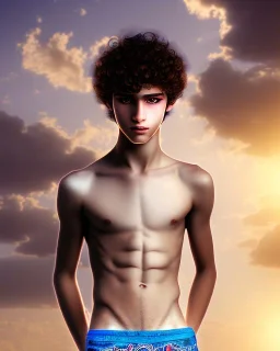 beautiful 12 year old arabic boy with long, curly hair and light blue eyes,shirtless, in front of a distant temple