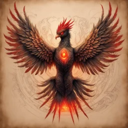 Hyper Realistic colored-sketch of Cyberpunk-Phoenix with glowing red eyes & golden-wings-&-feathers on a vintage-old-paper