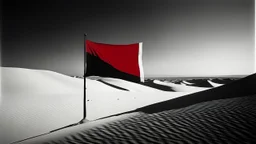 An abstract photo by Malevich and Kuniyoshi of a black and white desert landscape with a minimalist red pirate flag.