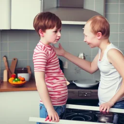 Realistic photo Russian shorthair beautiful tomboy boyish boylike young mother in future wide hips in kitchen