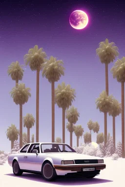 1980's aesthetic vaporwave palm trees with lighting with moon with audi in the winter snow