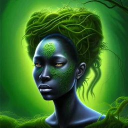 Painting .the face of A young black woman. A wood nymph emerging from the forest. Her hair looks like vines. Dreadlocs. Her skin is the colour of dark soil. Her skin looks like tree bark. Her clothing is made of vines, grass and leaves.