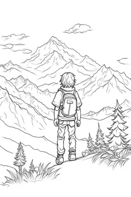 outline art for a kid's coloring page, a child looking up at the mountains, white background, sketch style, full body, only use outline, clean art , white background, no shadows and clear well outlined