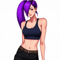 a pretty girl, skinny, relaxed, tank top, purple hair, ponytail, stylised, digital art