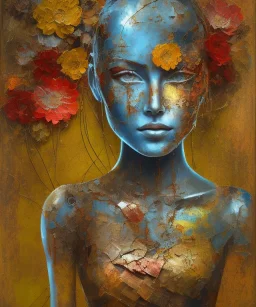  an abstract painting of rusted metal and flowers, african portrait, rust, scaffolding, iron cladding, decay, mixed media, textured, anatomically correct, beautiful perfect face, sharp focus, highly detailed, injured face