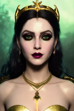 super pretty woman, close up face, green big eyes, black wet make-up, black lips, intense look, smile, golden tiara, golden necklace, black dress, black angel wings, beautiful artwork, vibrant colors, 4k, high quality, high detailed, darkness background.