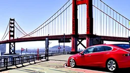 A Tesla's 'Model S Plaid' is racing at top speed, over the 'Pier 39', in San Francisco. CINEMATIC. WIDE ANGLE LENS.