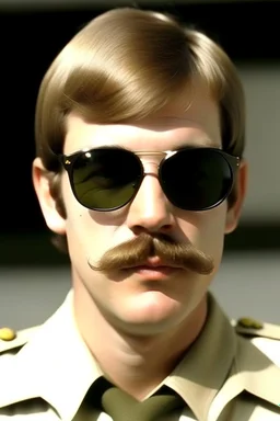 Young Jeffrey Dahmer in sheriff uniform with sunglasses and a mustache