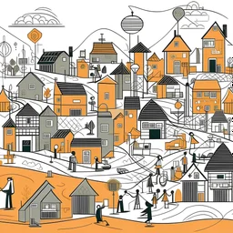 Illustrate abstractly the resonance between a community and the neighborhood infrastructure. Illustrate in Theo Van Den Boogard style- use references from asian communites