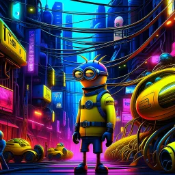 In a big cyber city "Generate an edgy and inventive artwork reimagining the 'Minions' from 'Despicable Me' as tech-savvy hackers. Infuse them with a cyberpunk aesthetic, outfitting them with futuristic attire and high-tech gadgets. Place them in a neon-lit, bustling metropolis filled with digital interfaces and holographic displays. Convey a sense of unity and purpose as they work together in this cybernetic world, showcasing their newfound proficiency in hacking and digital mischief."