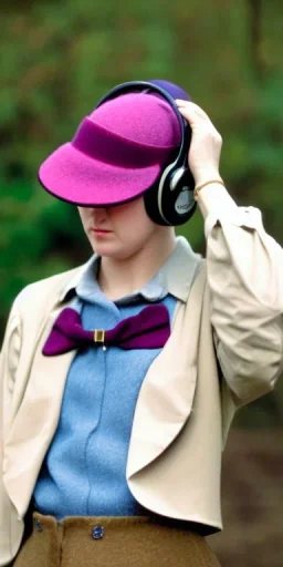 Everything she wear is in the image. of a woman, plum-blue-magenta-camouflage. She wears mantel and simple blouse.Felt cloth visor with tippet. SMALL FELT CAP is merged to Old AKG headphones with recognizable Golden rings! cloth materials are denim and felt cloth mixed. Fashion 1990's. Colors: Cream white, zinc plate, red ochre, ochre, orange - all mixed. Thick tights. Thick calves. She is in figure from top to toe.