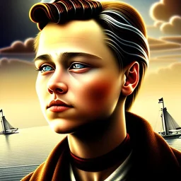  spray painted fantasy art, photorealism, realistic portrait of a young leonardo di caprio looking dorky, movie poster, titanic in the background, book cover illustration