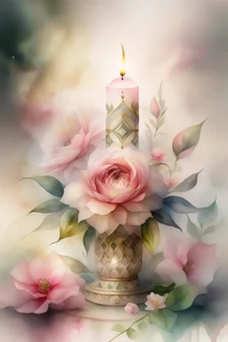 MAGIC A PYRAMID CANDLE IS BURNING AROUND WONDERFUL FLOWERS English watercolor, Smoky cream, pale gray, pale pink, pink background. bright light, a bouquet of roses on the table are pale pink, pale bordeaux, white, ochre. green stems, the light is translucent. Watercolor, fine ink drawing, peonies in an hourglass, elegant gold inlay, rich interior