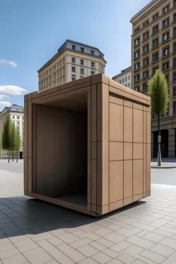 Big sand cube with door in the middle of a street in modern city