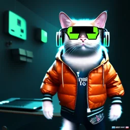 Scottish cat toddler, smile, cyberpunk headphone, sunglass, gangsta neckless, full body, orange puffer jacket, tokio background, dramatic lighting, hyper realistic, unreal engine 5, 16k