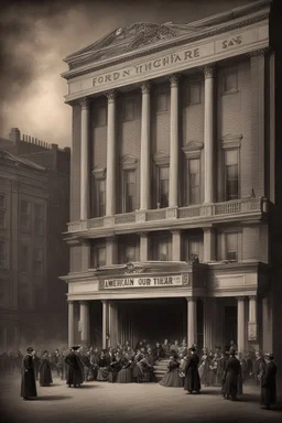 Create an atmospheric depiction of Ford's Theatre in Washington, D.C., on the evening of April 14, 1865. Capture the historical ambiance and the anticipation of the audience as they gather for the play "Our American Cousin