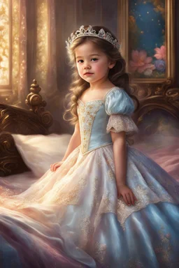 a little girl in a princess dress sitting on a bed, beautiful princess, fairytale artwork, disney artist, disney art, beautiful fantasy painting, sleeping beauty fairytale, very beautiful fantasy art, cgsociety 9, princess, fairy tale illustrations, realistic cute girl painting, photorealistic disney, princess girl, disney princess, fairy tale style background, princes jasmin, artificial intelligence princess