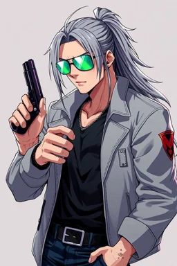 male cyberpunk solo with long hair tail, Norwegian, Wearing Leisureware and mirrored sunglasses, armed with heavy revolver, lean, nice, correct hands and fingers, Anime Style, Retroanime, Video Game Character,