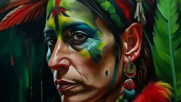 Extreme close-up portrait of a 34-year-old Amazonian woman with red and black face paint and feather earrings, a small green parrot perched near her cheek, powerful direct gaze, blurred dark green background, contemporary expressionist painting style.