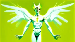 A surreal humanoid figure with white skin, green hair styled into a tall point, wearing glasses, with a transparent torso revealing internal organs, white wings on the back, holding a yellow figure in the lower torso, against a yellow background with a red curved line