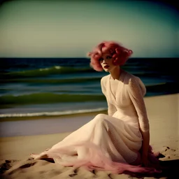 Clara bow on the beach, in the wind, white lace dress, pink hair,autochrome