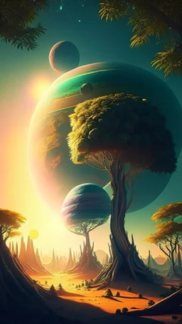 alien landscape with trees and sunlight and planets