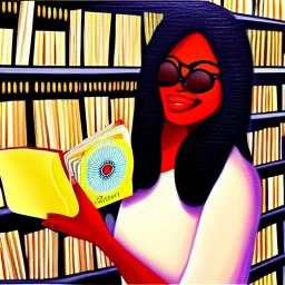 cream complexion Girl in a Record store holding Stevie wonder's song's in the key of life oil painting zoomed out