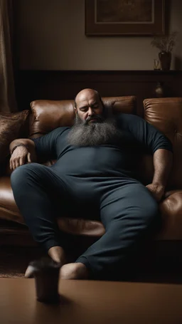 photorealistic, photography, full figure shot, an hairy men sleeping over an old sofa, hands behind the neck, Realistic photography, well defined facial features, strong muscular chubby sweat dirty arab, ugly , 43 years old , open legs, manly chest, big shoulders, manly torso, long beard, dirty ripped tracksuit , very dark living room, dim light, ambient occlusion, view angle from below, frontal view from the ground