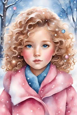 In a magical children's illustration, a beautiful girl with light brown curly hair is depicted wearing a stylish pink coat. Her eyes sparkle like brilliant blue gems, adding an adorable touch to her appearance. She is surrounded by a serene snow landscape, transporting the viewer into a whimsical winter wonderland. The illustration brings this enchanting scene to life through the use of watercolor, using vivid and vibrant colors that make the entire artwork burst with imagination and joy.