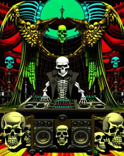 DJ of the damnded, insanely detailed DJ booth in hell, MID set, speakers and equipment made of bone, anatomically correct,