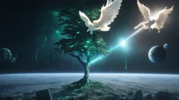 matrix universe, space, planets, god creation, angels from other dimensions with beautiful wings, trees on the planet, behind green crystals of light, few tiberium monolith deposits on the planet near tree,